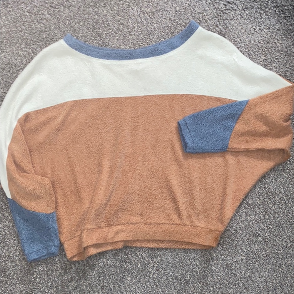 Free People Cream, pale orange, and blue Crew Neck Sweater